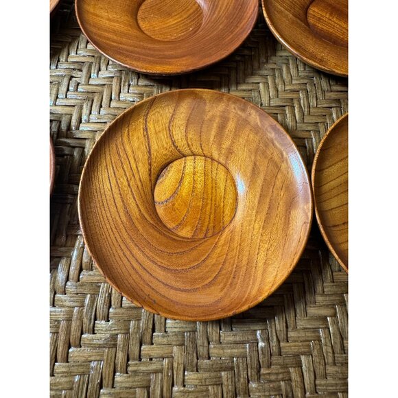 Danish Wooden Saucers Natural Grain Finish  Set Of 6 - Picture 3 of 7